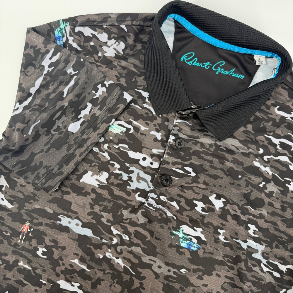 Robert Graham Polo Shirt Mens Small Black Camo Tropical Performance Classic Fit